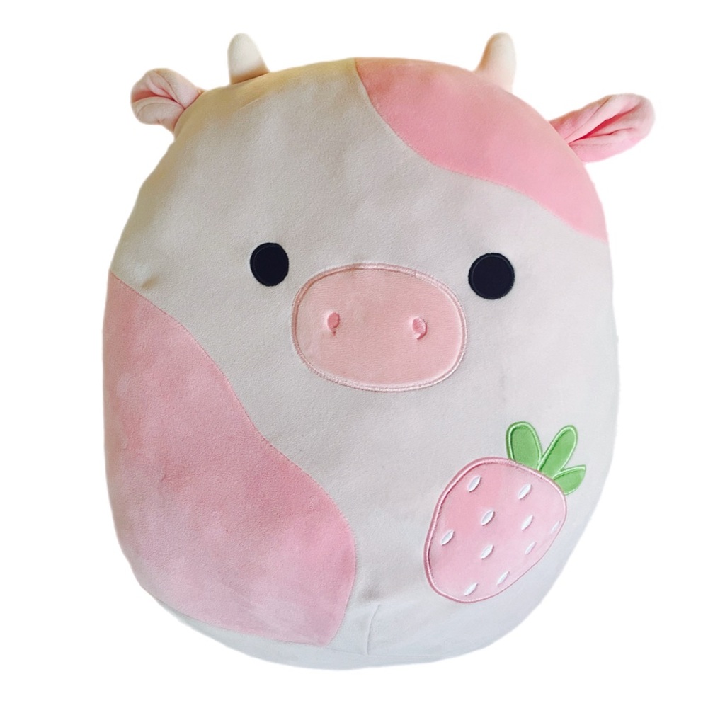 Reshma Squishmallow 14” Plush Cow Toy with Strawberry Accent